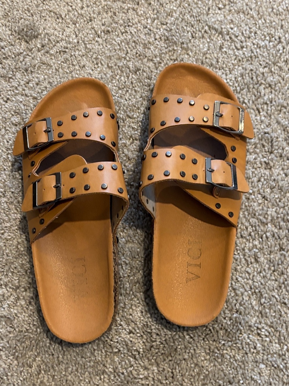 Vici Tan Double-Buckle Studded Slide Sandals